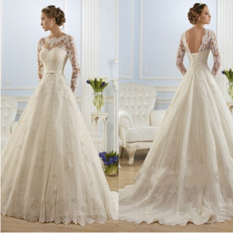 Elegant A-Line Lace Bridal Gown | Long Sleeves & Open Lace-Up Back